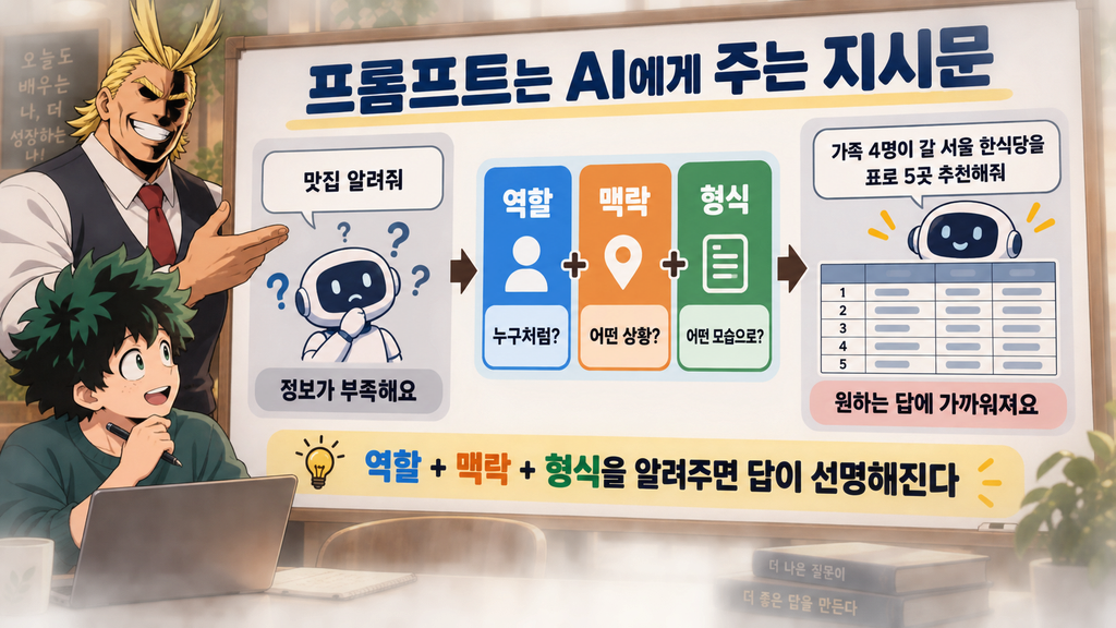AI에게 원하는 결과를 얻기 위한 프롬프트의 세 요소인 역할, 맥락, 형식을 설명하는 만화풍 인포그래픽
