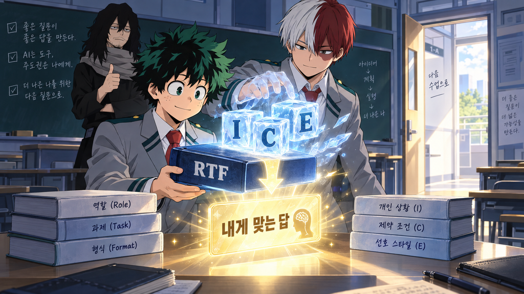 RTF 기본 틀 위에 ICE 조건 블록을 더해 맞춤형 AI 답변을 완성하는 프롬프트 작성법 핵심 요약 이미지