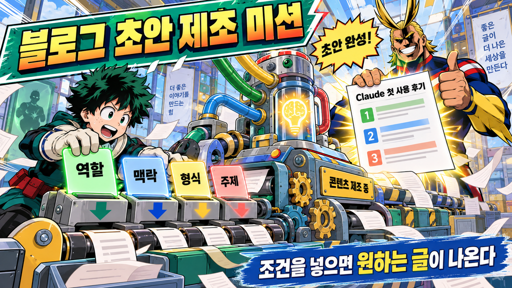 블로그 글 초안 프롬프트를 역할, 독자와 상황, 형식, 주제의 네 부분으로 색상별 구분해 보여주는 만화풍 예시