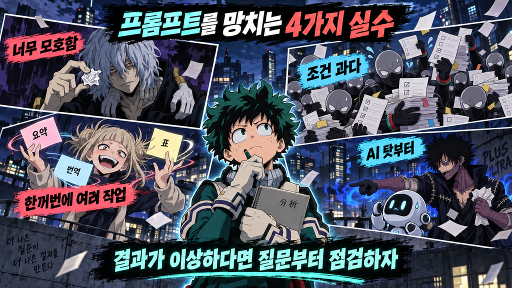 프롬프트를 망치는 네 가지 실수: 시가라키는 모호한 지시, 트와이스는 조건 과다, 토가는 여러 작업 동시 요청, 다비는 AI 탓하기를 나타내는 만화풍 그림