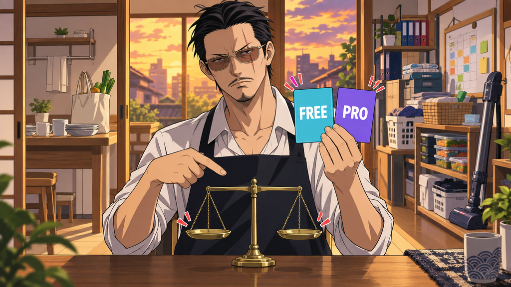타츠가 Free와 Pro 카드를 들고 균형 잡힌 저울로 사용량에 맞는 선택을 보여주는 애니메이션