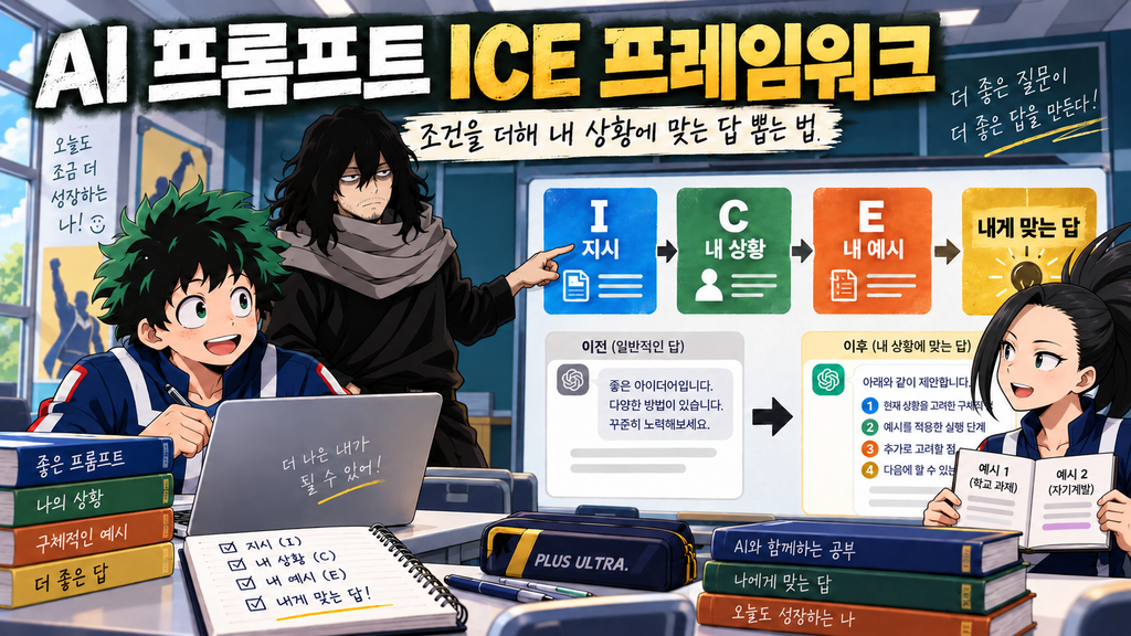 AI 프롬프트 ICE 프레임워크의 Instruction·Context·Examples 조건을 조합해 맞춤형 답변을 만드는 히어로 학원 교실 장면