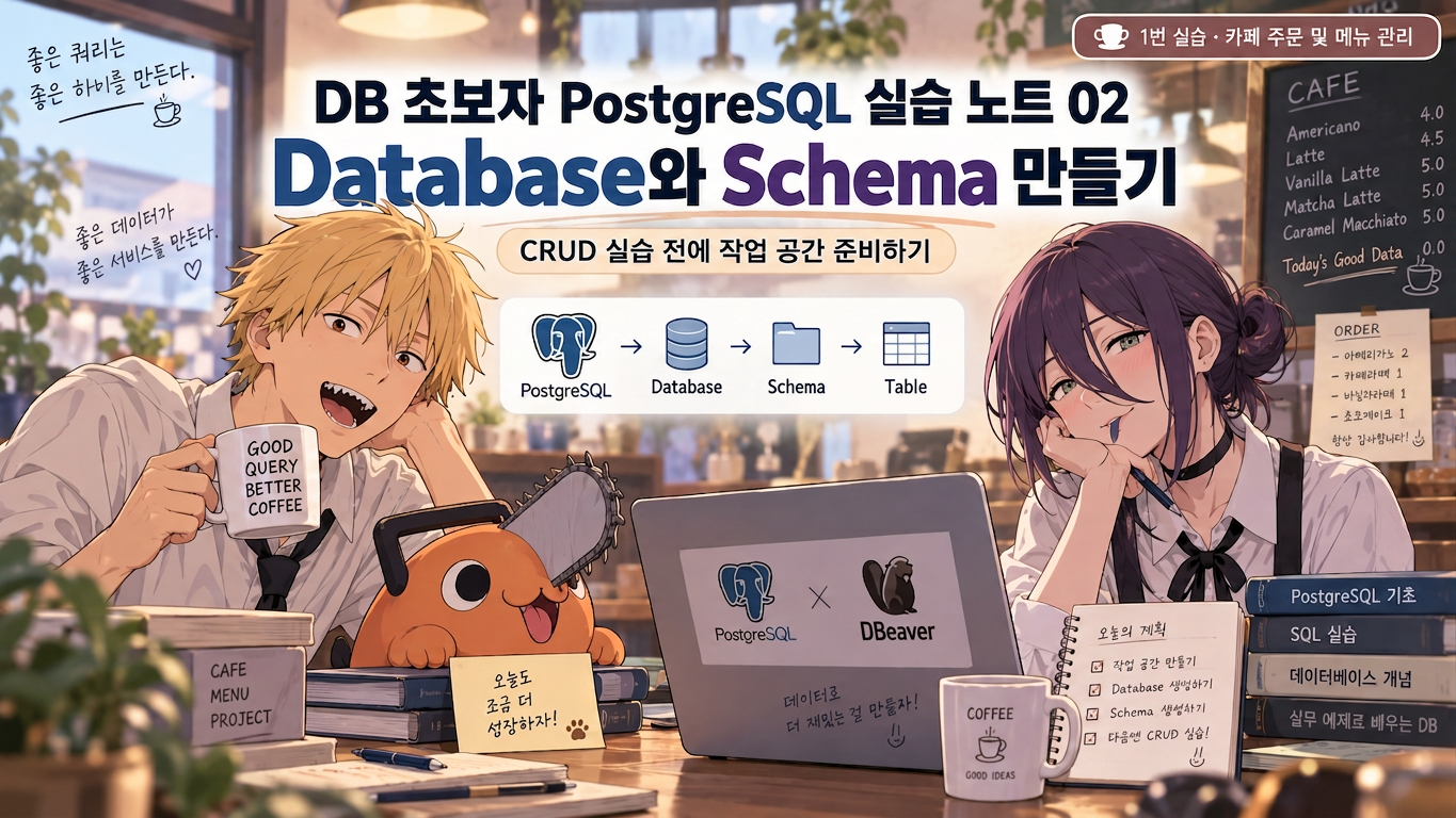PostgreSQL 실습노트 02 데이터베이스와 스키마 만들기 흐름을 보여주는 표지 이미지