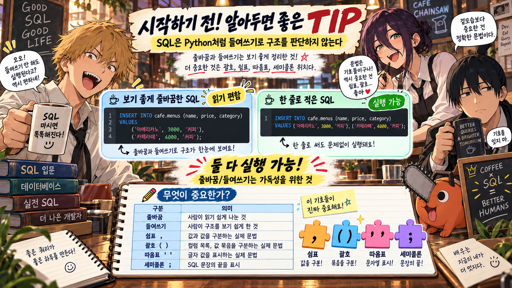 SQL 문법에서 줄바꿈과 들여쓰기보다 괄호, 쉼표, 따옴표, 세미콜론 위치가 중요하다는 설명 이미지