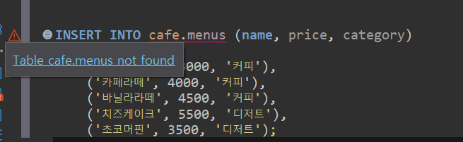 INSERT INTO cafe.menus 문장 입력 중 DBeaver가 cafe.menus를 빨간 물결선으로 표시한 화면
