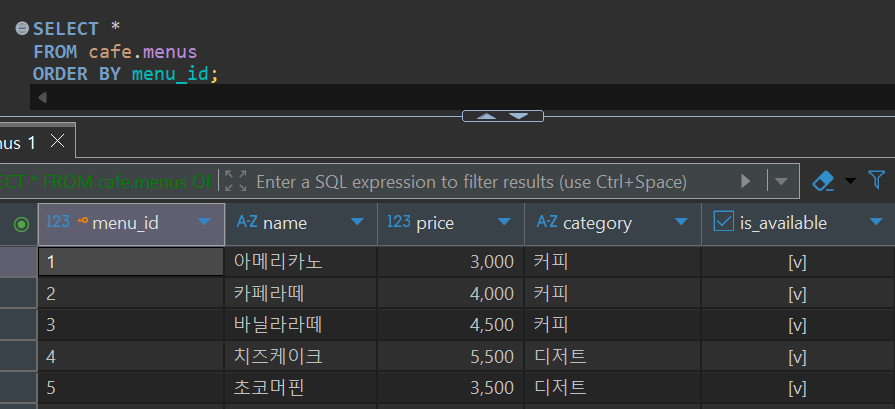 SELECT * FROM cafe.menus ORDER BY menu_id 실행 결과로 메뉴 데이터가 조회된 화면