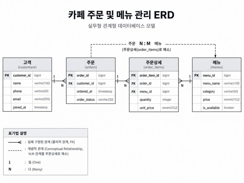 카페 주문 관리 데이터베이스의 고객, 메뉴, 주문, 주문상세 ERD