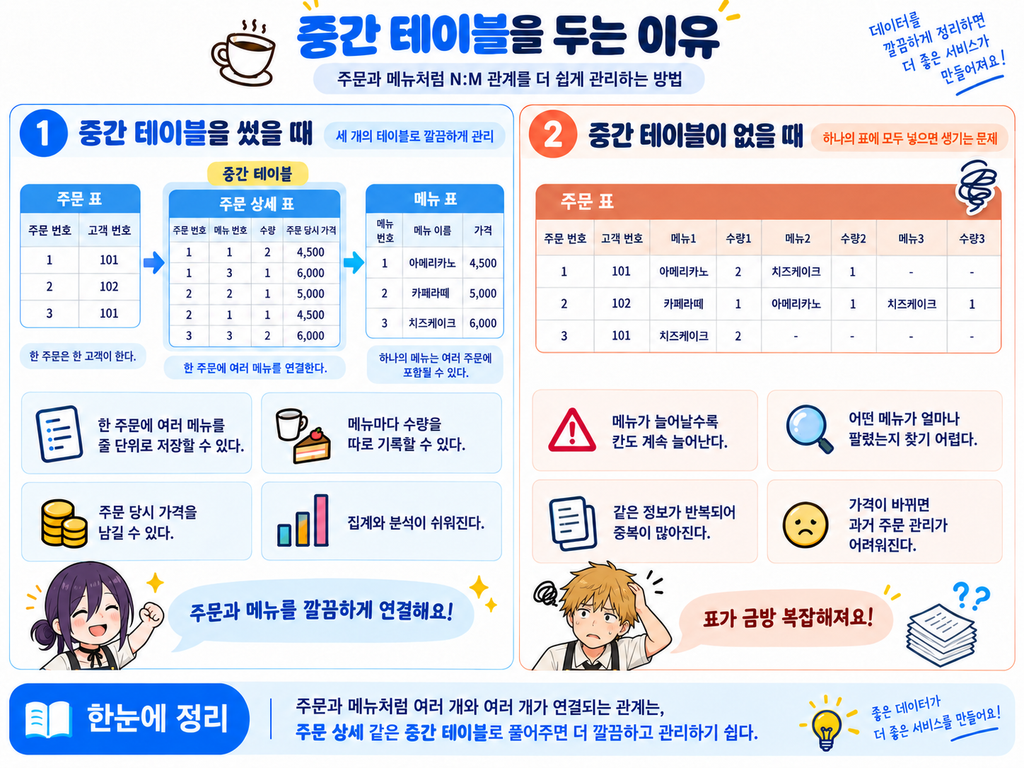 주문 테이블과 메뉴 테이블 사이에 주문상세 중간 테이블을 두는 예시