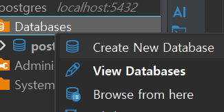 DBeaver Create 메뉴에서 Database 생성을 선택하는 화면