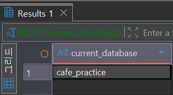 DBeaver 하단 상태 표시줄에서 cafe_practice 데이터베이스 위치를 보여주는 화면