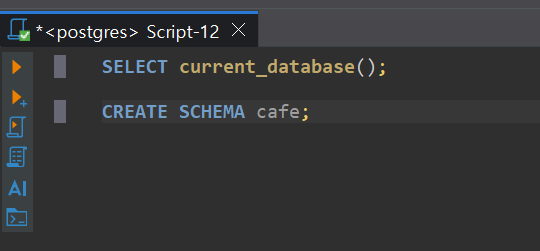 DBeaver SQL 편집기에 CREATE SCHEMA cafe 명령을 입력한 화면
