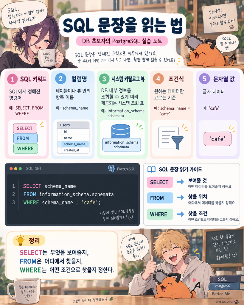 cafe 스키마를 찾는 SELECT 문 구성 요소를 설명한 다이어그램