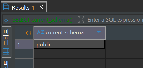 SELECT current_schema() 결과로 public 스키마가 표시된 DBeaver 화면