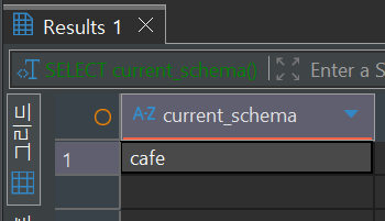 SELECT current_schema() 실행 결과로 cafe 스키마를 확인하는 화면