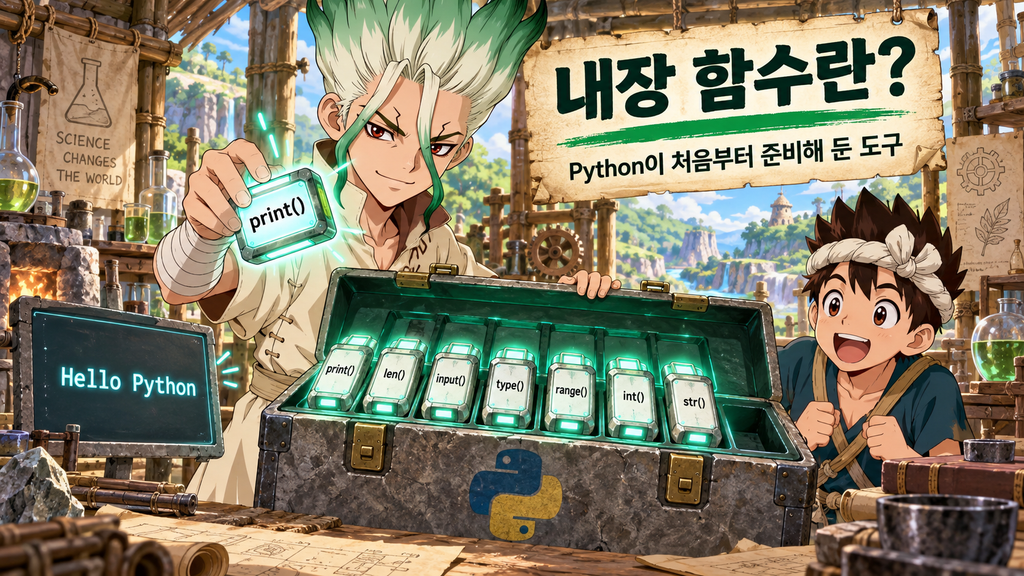센쿠가 print(), len(), input(), type(), range(), int(), str()가 들어 있는 Python 내장 함수 도구 상자를 보여주는 장면
