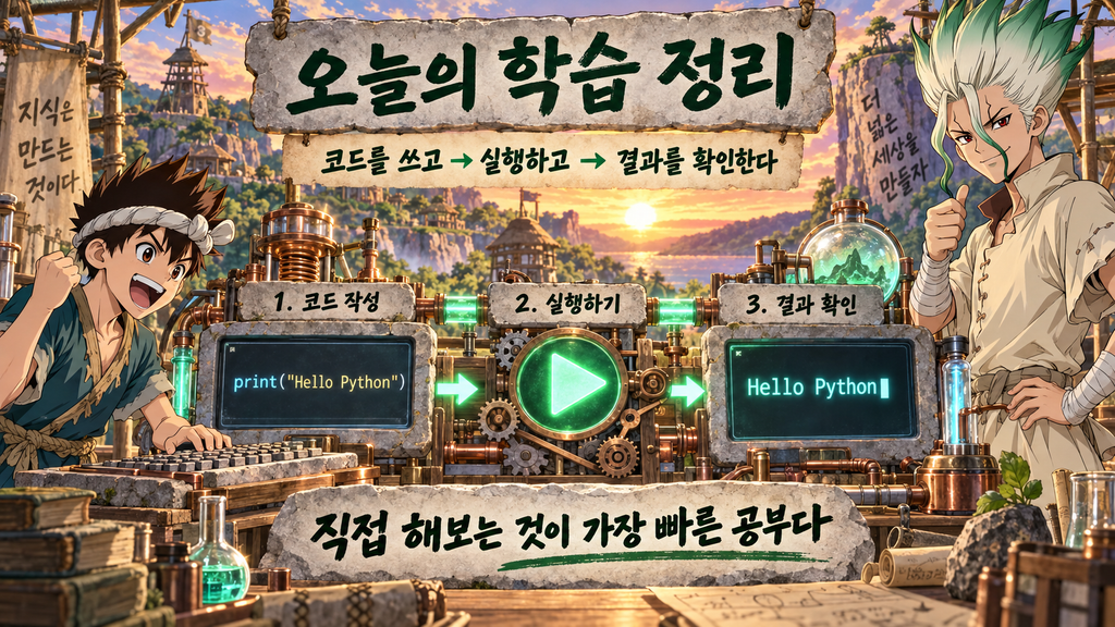 크롬과 센쿠가 코드를 작성하고 실행해 Hello Python 결과를 확인하는 세 단계 학습 과정