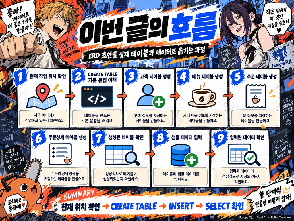 카페 주문 관리 실습에서 고객, 메뉴, 주문, 주문상세 네 개 테이블을 만들고 샘플 데이터를 입력하는 학습 목표