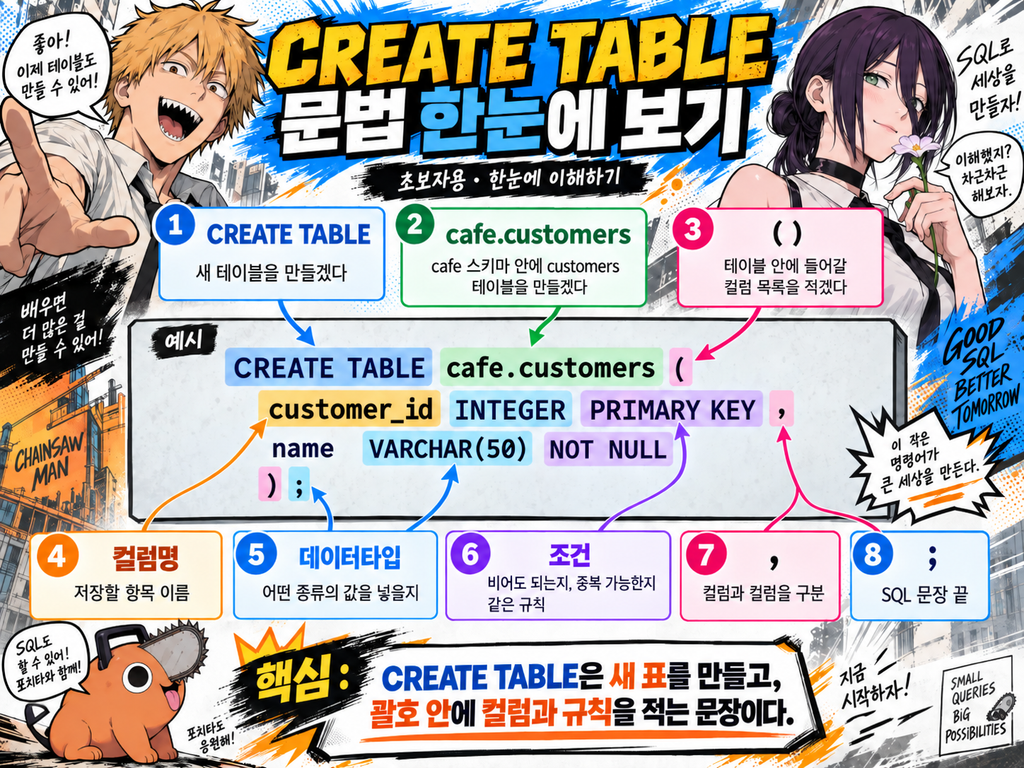 CREATE TABLE cafe.customers 문법에서 스키마명, 테이블명, 컬럼명, 데이터 타입, 조건, 쉼표와 세미콜론의 역할을 표시한 그림