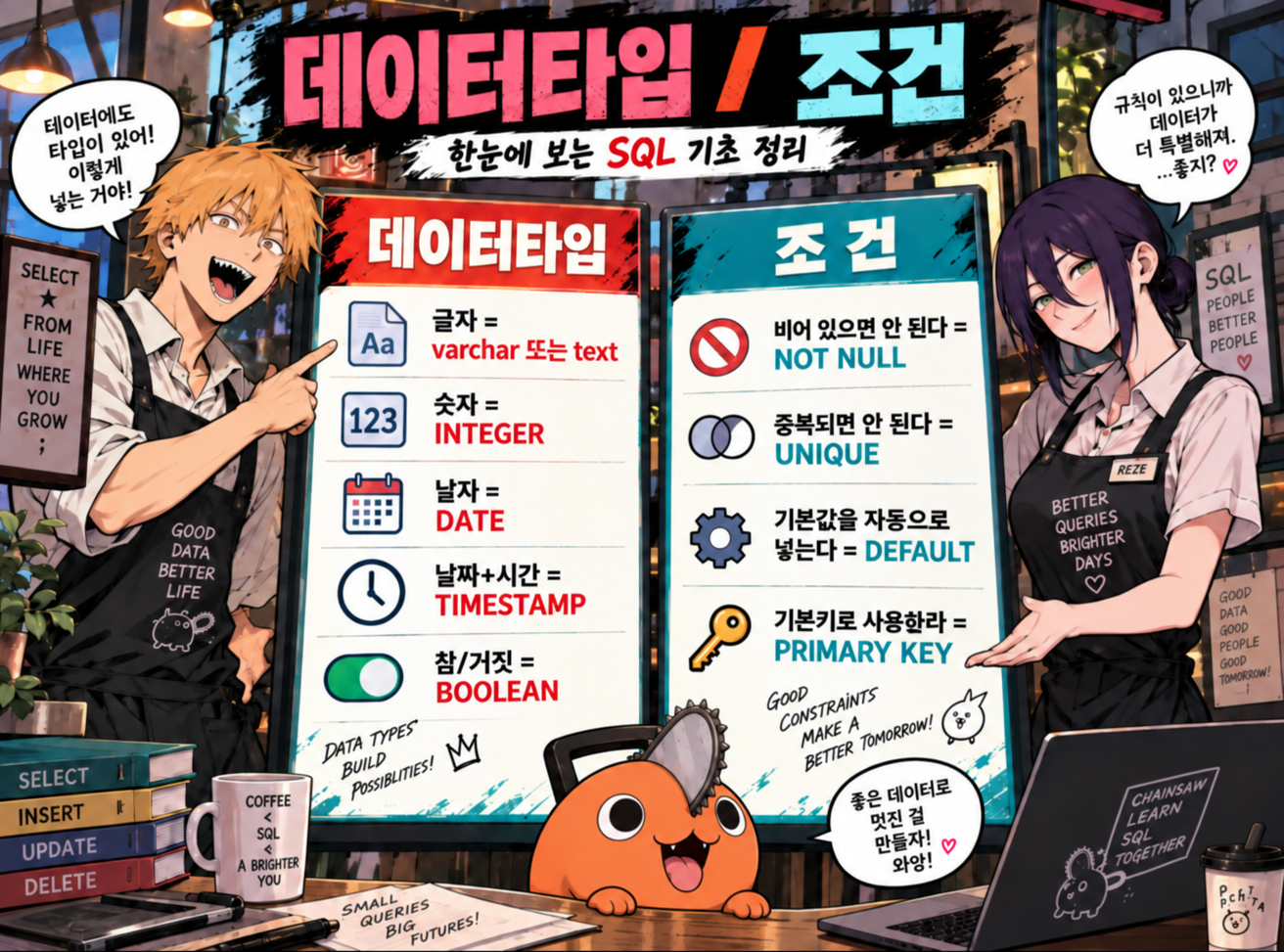 PostgreSQL 테이블 생성에 쓰는 데이터 타입과 조건 예시: VARCHAR, INTEGER, DATE, TIMESTAMP, BOOLEAN, NOT NULL, UNIQUE, DEFAULT, PRIMARY KEY