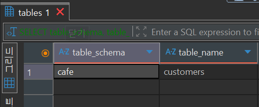 table_schema가 cafe이고 table_name이 customers로 표시된 테이블 생성 확인 결과