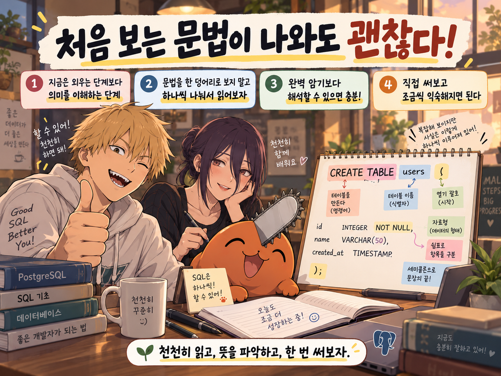처음 보는 SQL 문법은 천천히 읽고 뜻을 이해한 뒤 직접 써보자는 안내 일러스트