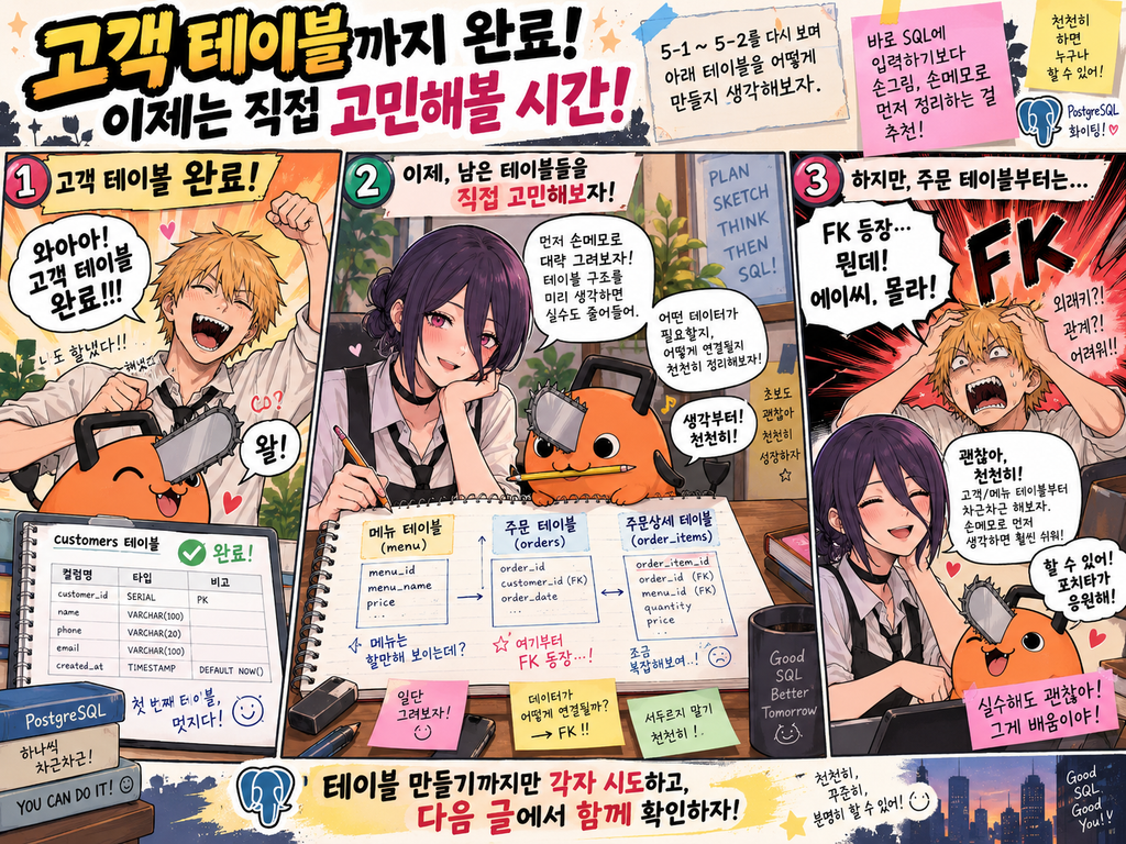 고객 테이블을 완성하고 메뉴 테이블을 직접 만들어보는 다음 실습을 안내하는 덴지, 레제, 포치타 일러스트
