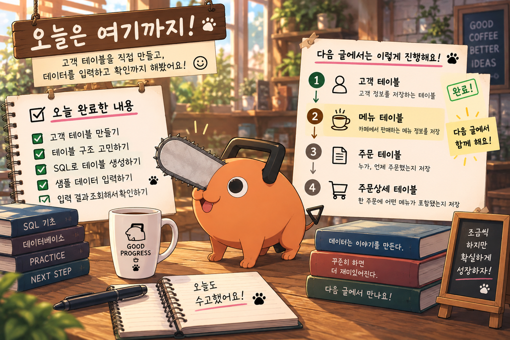 주문상세 테이블이 주문과 메뉴를 연결하는 FK 관계를 설명하는 ERD 일러스트