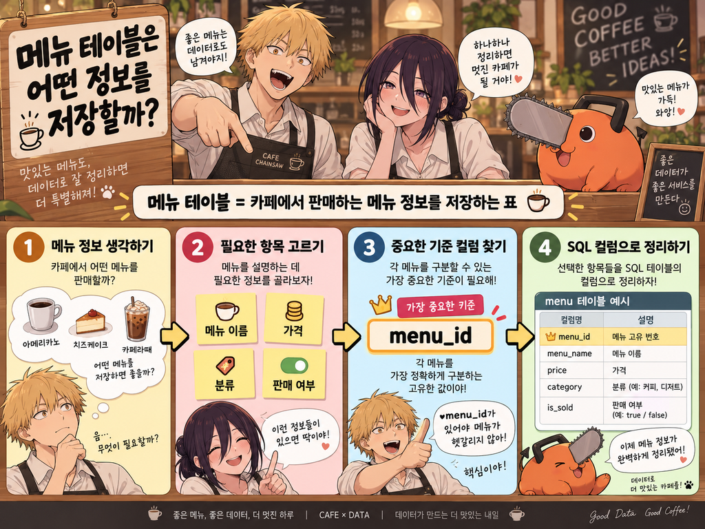 카페 메뉴 테이블에 저장할 정보와 기준 컬럼을 생각하는 과정을 설명한 이미지