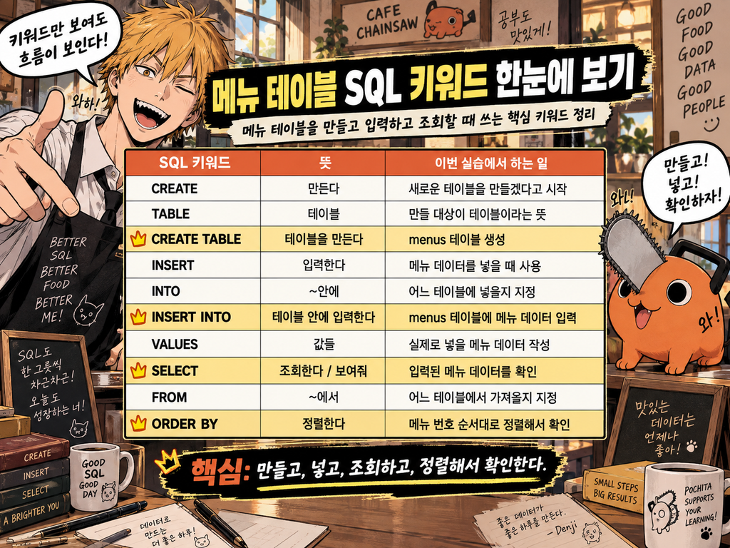 CREATE TABLE, INSERT INTO, SELECT, ORDER BY 등 SQL 키워드 의미를 설명하는 이미지