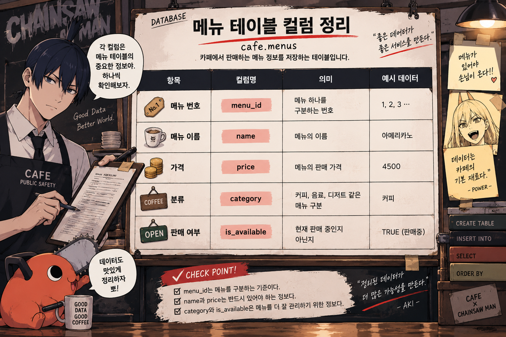 메뉴 테이블 컬럼으로 menu_id, name, price, category, is_available을 정리한 이미지