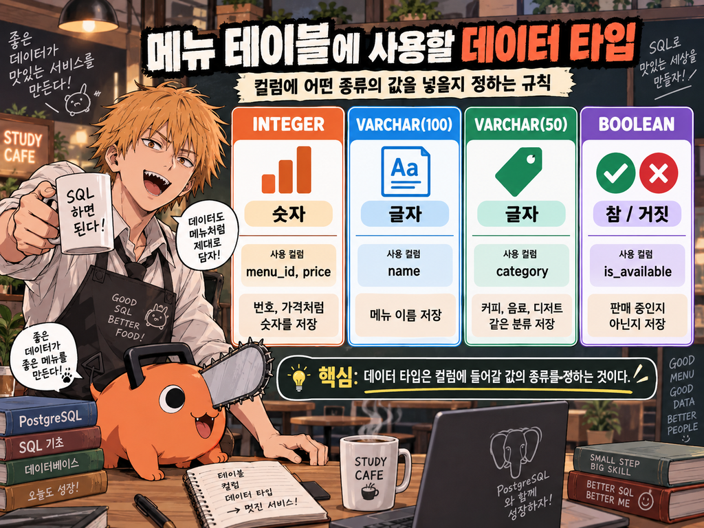 PostgreSQL 메뉴 테이블에서 INTEGER, VARCHAR, BOOLEAN 데이터 타입을 구분하는 이미지