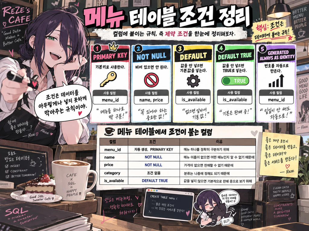 PRIMARY KEY, NOT NULL, DEFAULT 등 메뉴 테이블 제약 조건을 설명하는 이미지