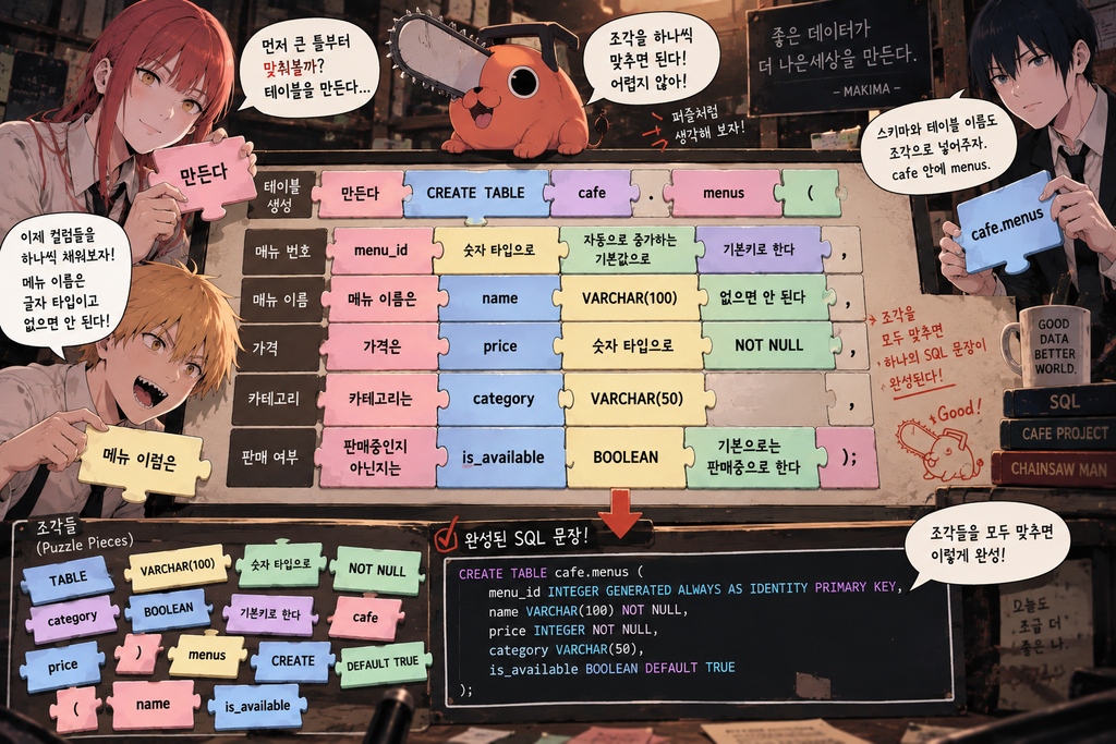 카페 메뉴 테이블 요구사항을 SQL CREATE TABLE 문장으로 바꾸는 과정을 보여주는 이미지