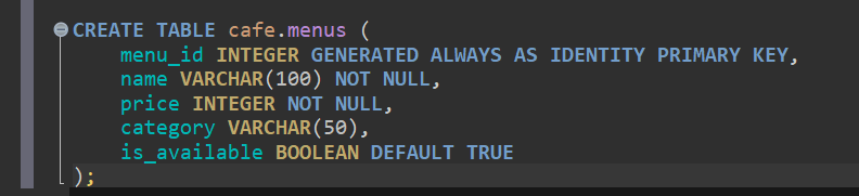 DBeaver SQL 편집기에 CREATE TABLE cafe.menus 문장을 입력한 화면